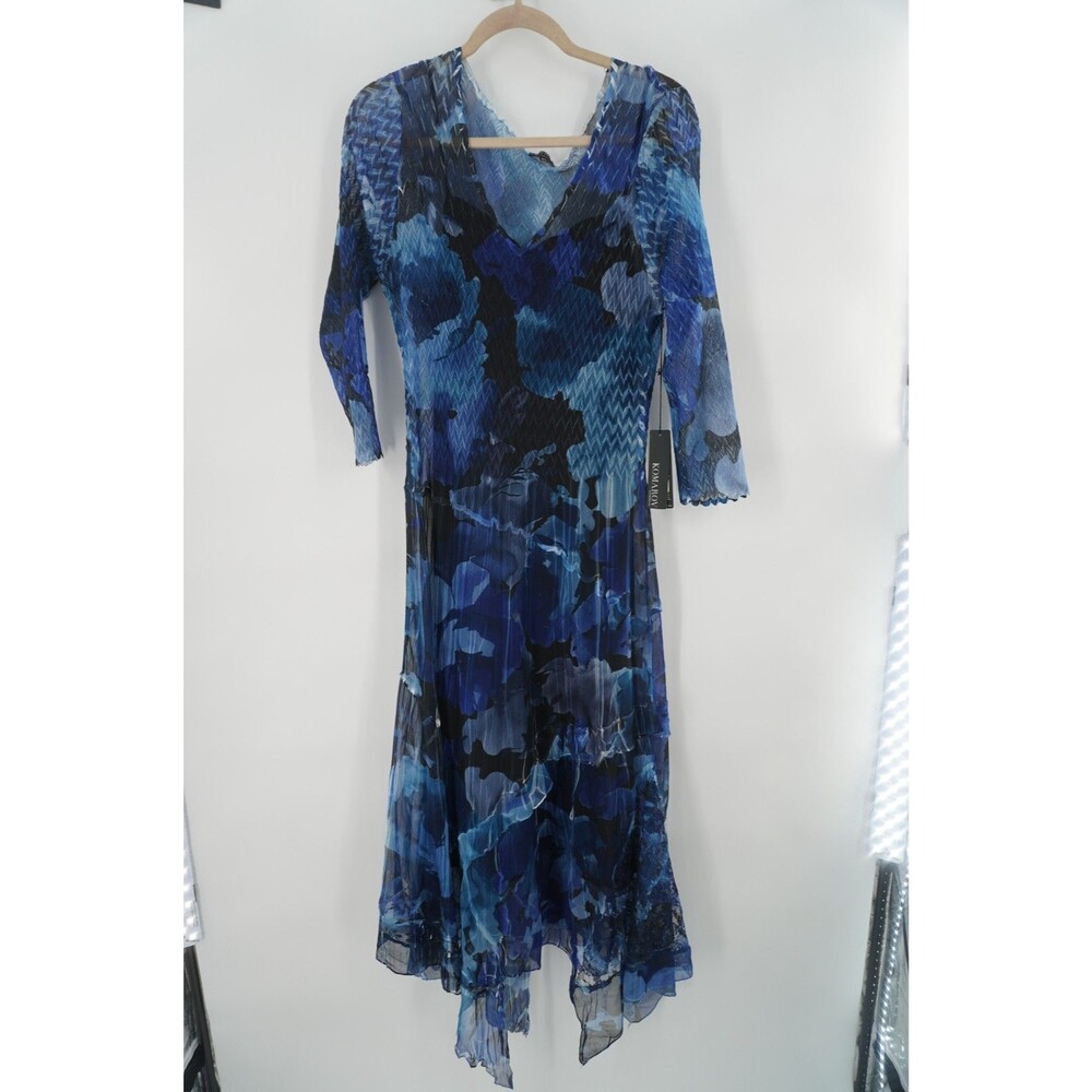 Komarov Blue Black Floral Pleated Dress Multi-tonal Crinkle Scalloped Sz XL NWT